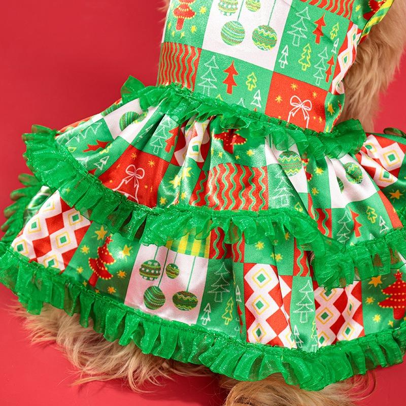 Christmas Dog Princess Dress Christmas Tree Print Mesh Skirt Pet Clothing Dog New Year Atmosphere Clothing Pet Supplies