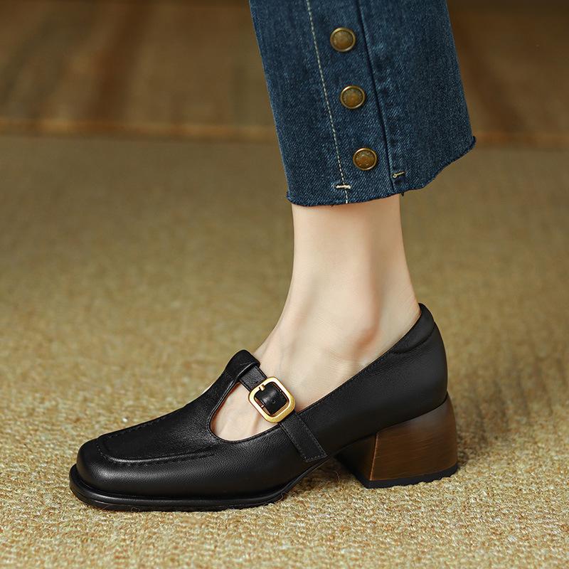 Spring and Summer Footwear Plus Size Leather Shoes with Thick Heels Women's Shoes Retro Shallow Shoes