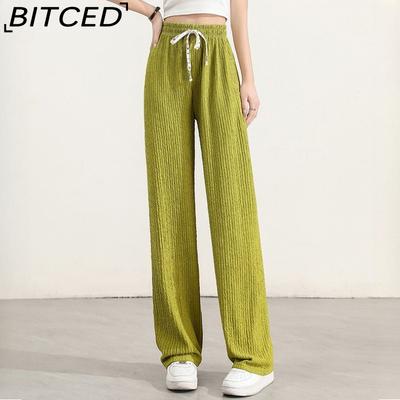 Women's Wide-Leg Trousers with Drawstring, Ice Silk Crepe Fabric, High-Waisted Straight-Leg Design for Autumn/Winter, Loose-Fit Casual Trousers