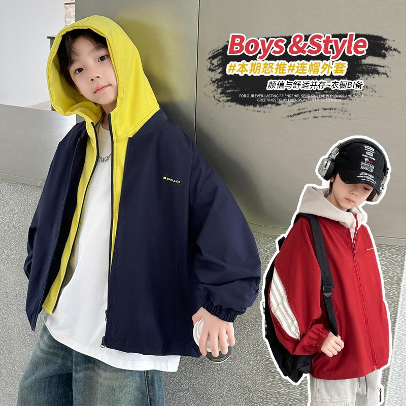 Boys' Spring and Autumn Coat 2026 New Style Big Boys' Spring Dress Boys' Red Spring Hooded Children's Handsome Fake Two Piece
