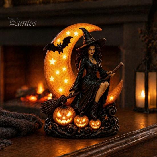 Handcrafted Resin Ornament Halloween Witch Lamp, Gothic Crescent Moon LED Night Light, Tabletop Statue Spooky Decorative Table Lamp for Bedroom