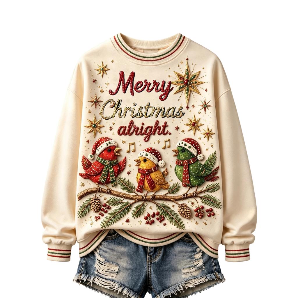 Women's Christmas Print Round Neck Long Sleeve Pullover Top for Holiday Casual Wear