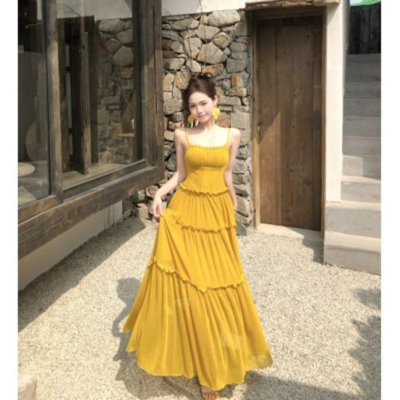 

Kumikumi Design Sense Mesh Patchwork Sling Dress Women Summer Seaside Holiday Style High Waist Slimming Long dress Yellow M
