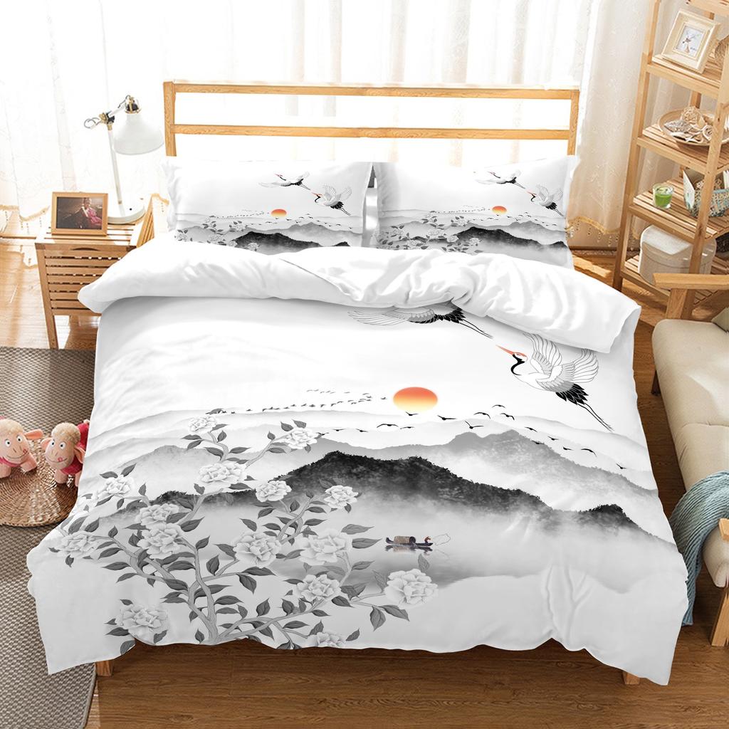 Nature Landscape Duvet Cover King/Queen Size,Chinese Ink Painting Style Bedding Set Mountain River 2/3pcs Polyester Quilt Cover