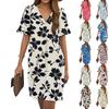 Women's Summer Floral Print Dress Pleated Short Sleeve V-Neck Pocket Casual Dress