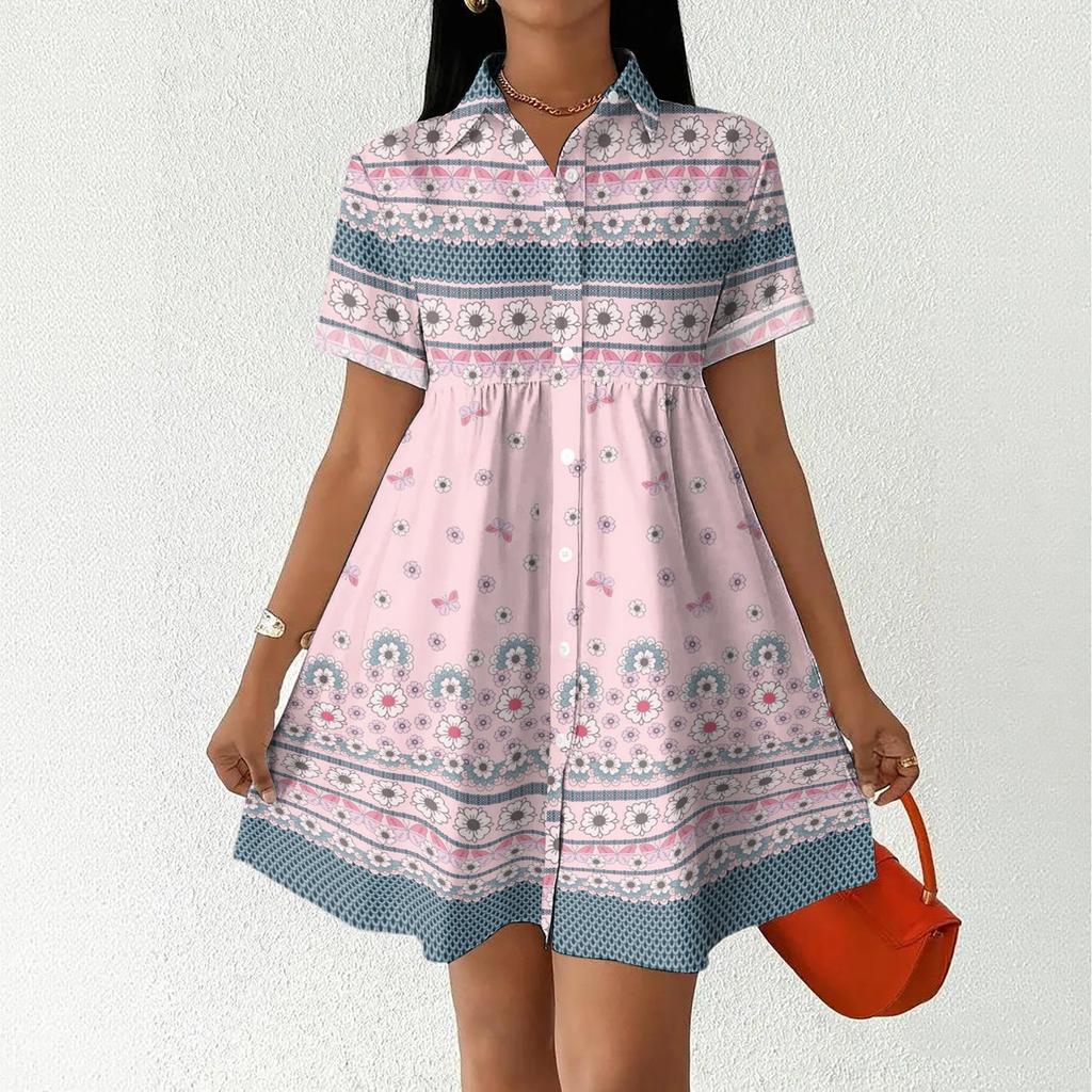 Casual Loose Fit Shirt Dress for Women Button Front Short Sleeve Collared Dress with Printed Hemline Border Design