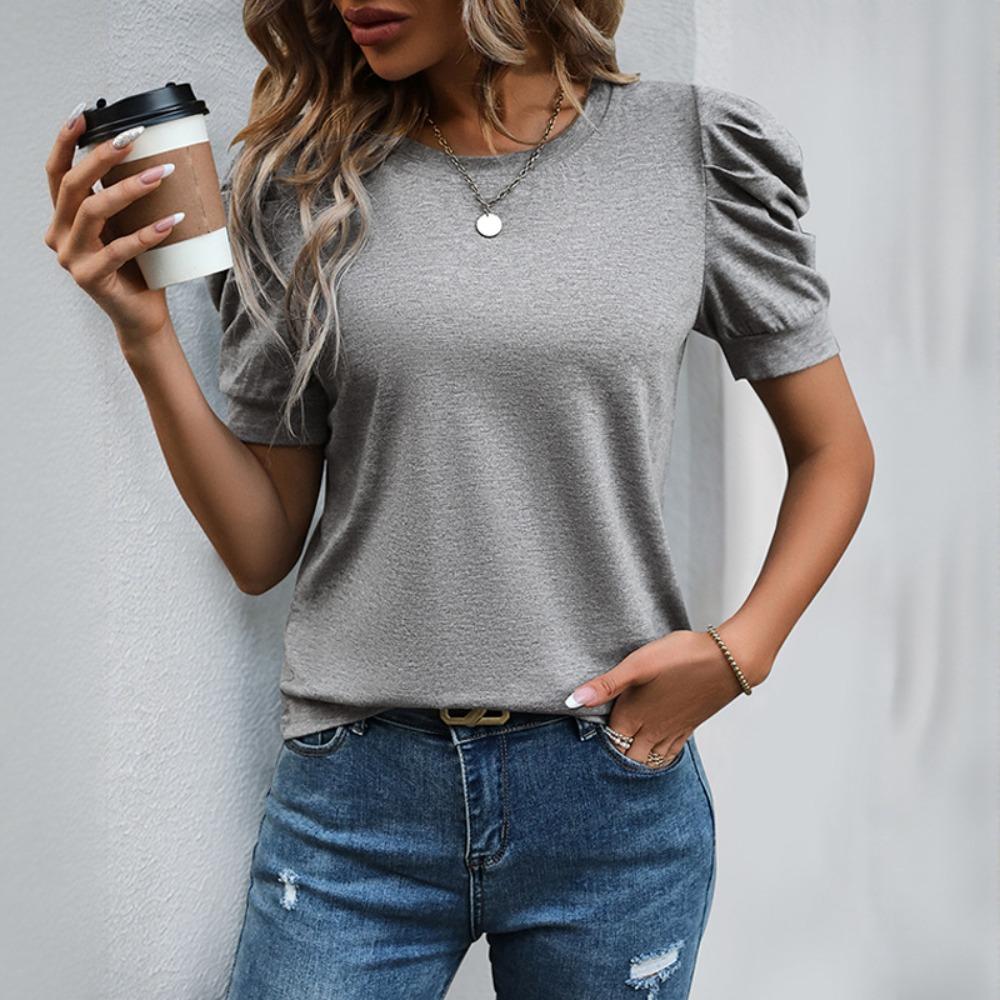 Damen Rundhals Puff Kurzarm T-Shirt Figurbetont Einfarbig Lässiges Strick-T-Shirt Top