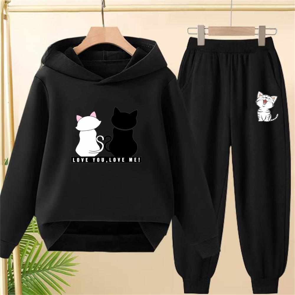 Love You Love Me Girls Children Hoodie White Pink Hoodies+Bottom Pants Suit Toddler Sweatshirr Coat Black Clothing