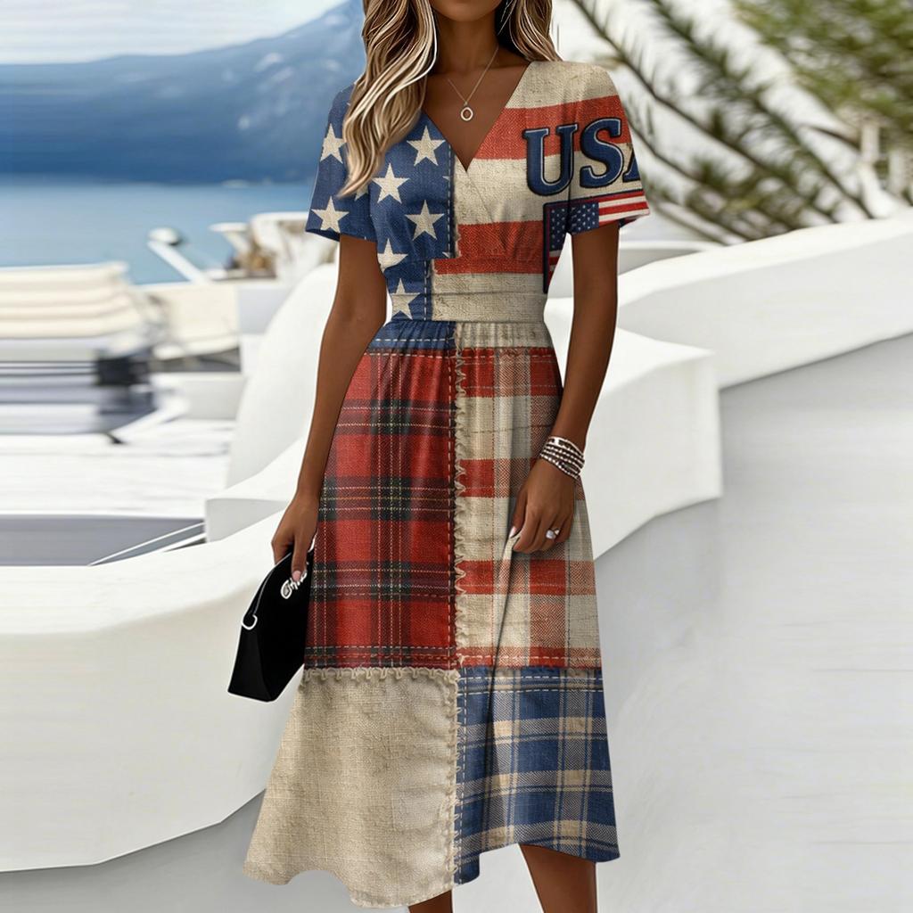Women's Independence Day Print Casual Fashion Short Sleeve V-Neck Dress