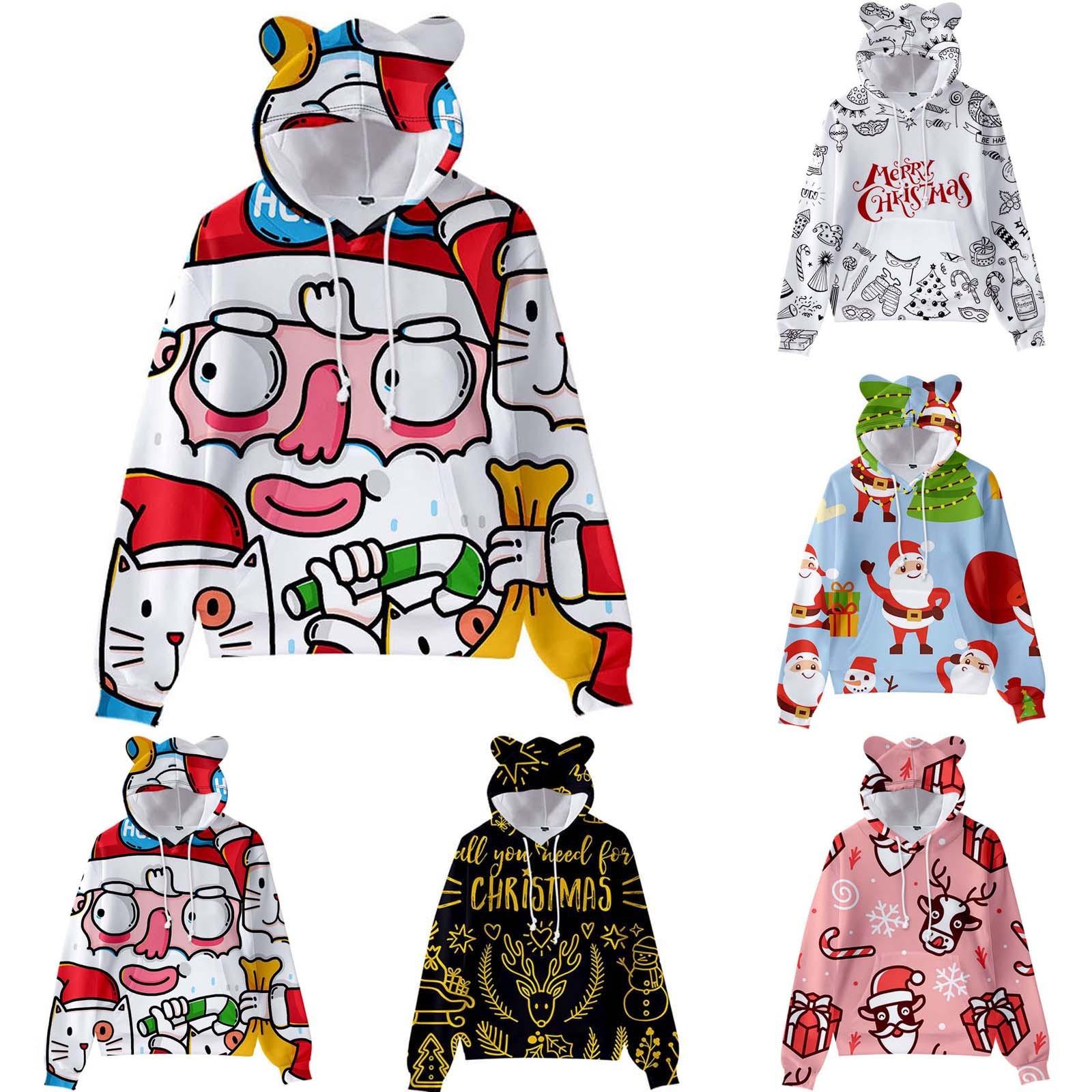 

Рождественский галстук-краситель Принт с длинными рукавами Кошачьи уши с капюшоном Свитер для детей