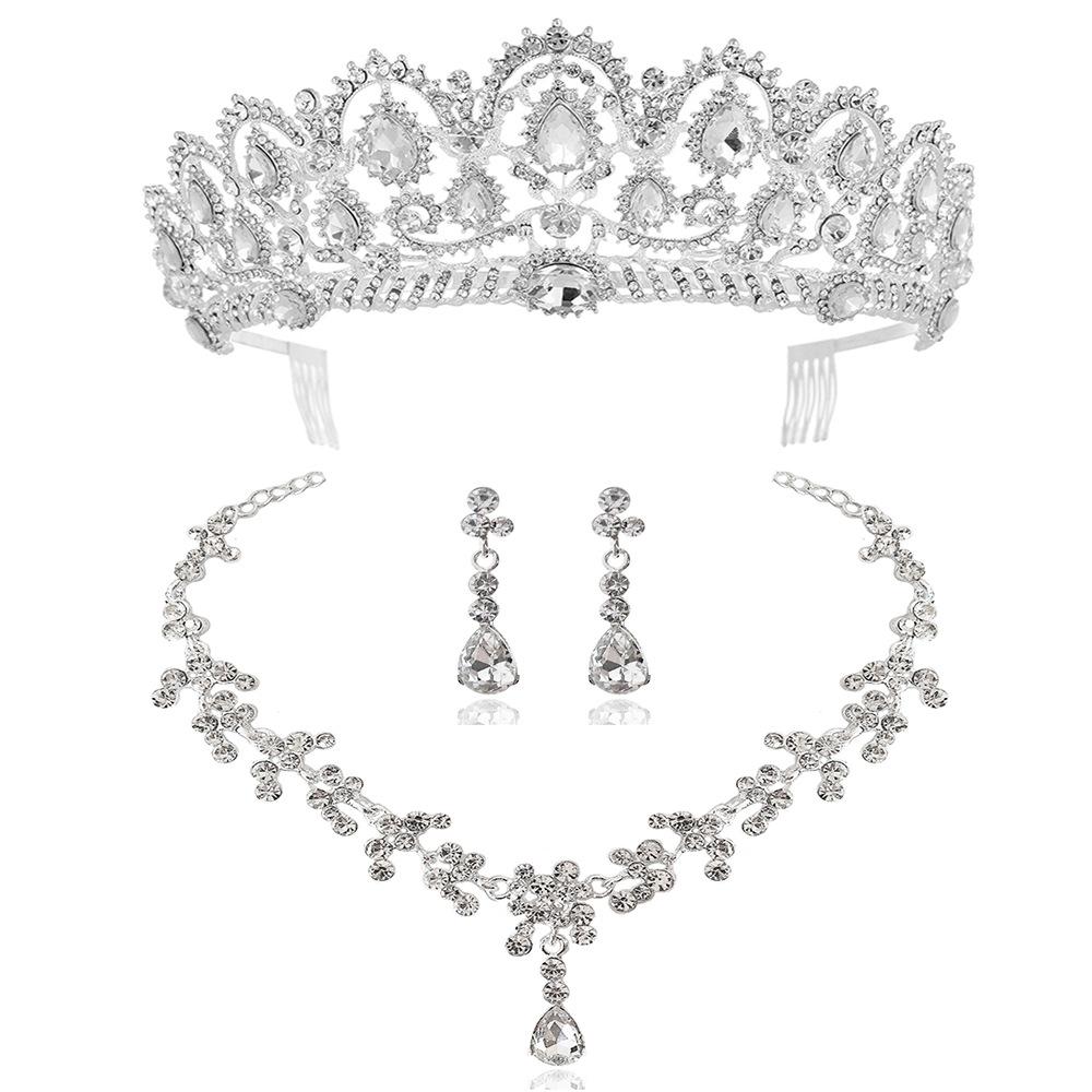 Bridal Tiara Crown  Necklace and Earrings Three Piece Set Exquisite Floral Diamond Alloy Crown