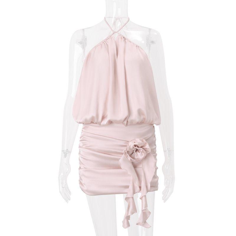 

Fashion Export 2024 Winter New Arrival Pure Desire Sweet Backless Lace up Flower Silky Satin Halterneck Dress Female Pink L