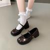Retro thick heel Mary Jane shoes women's 2025 new bow jk single shoes black one-word buckle belt small leather shoes