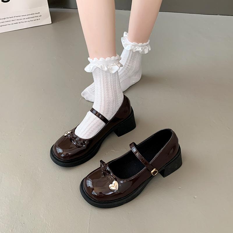 Retro thick heel Mary Jane shoes women's 2025 new bow jk single shoes black one-word buckle belt small leather shoes