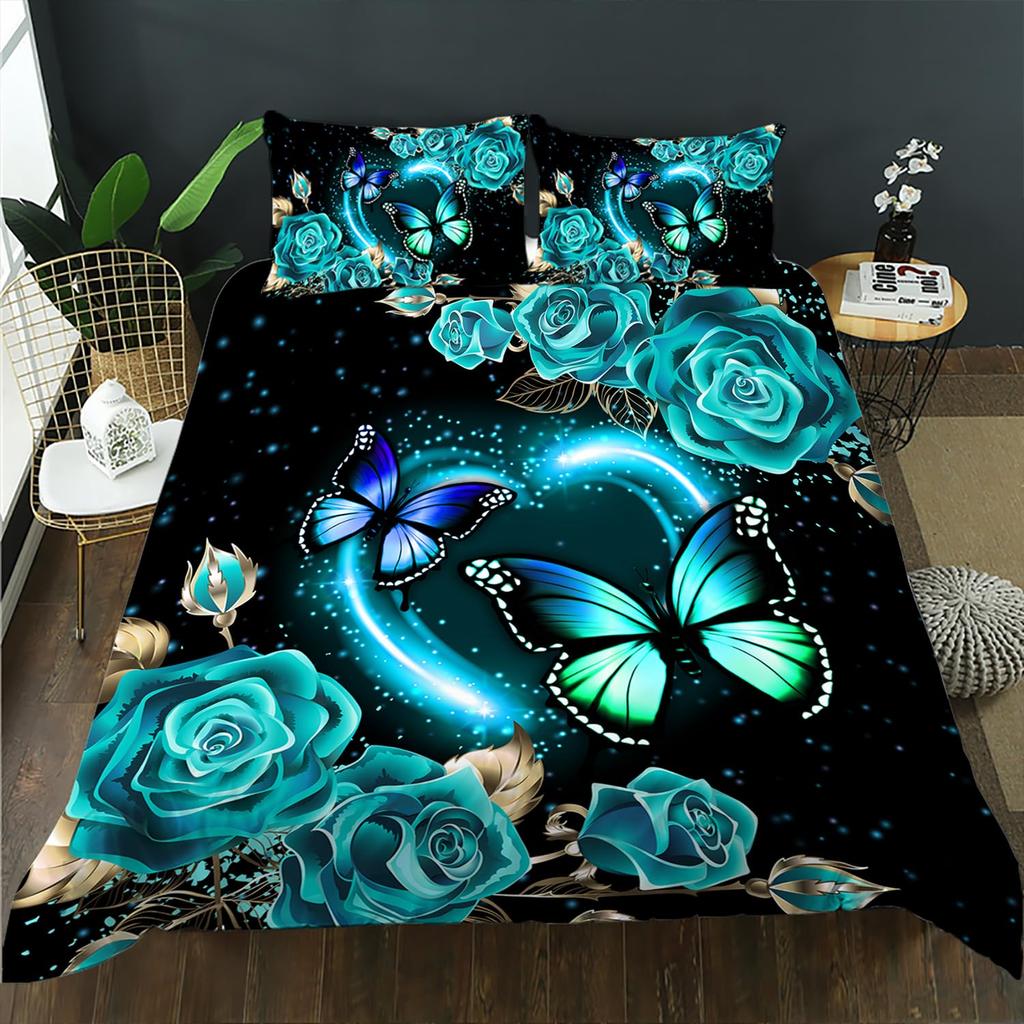 Blue Butterfly Duvet Cover Set for Girls, Mandala Bedding Boho Floral Bedroom Comforter Cover Butterfly Print King Quilt Covers