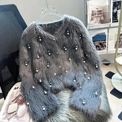 Womens Knit Cardigan Imitation Mink Fleece Beaded Jacket Autumn Thickened Short-Length Elegant Coat
