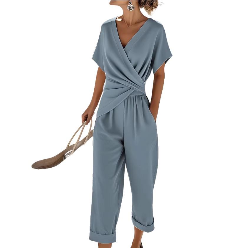 Summer Women's Fashion Solid Color Irregular Short Sleeve Set