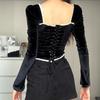 Y2K Fashion Women‘s T Shirt Bandage Corset Top Elegant Vintage Black Velvet T-Shirt Low Cut Long Sleeve Crop Tops