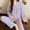 Niche afslappet pyjamas til kvinder, forår, langærmet, ensfarvet, imiteret bomuld, jacquard, løstsiddende loungewear, skalkant, todelt sæt