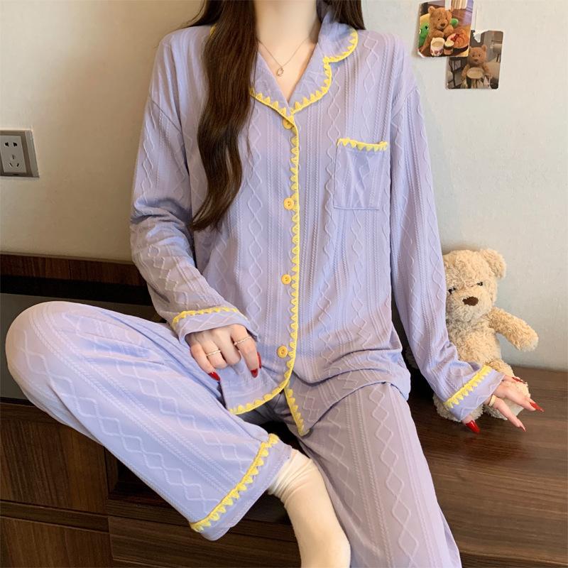 Niche afslappet pyjamas til kvinder, forår, langærmet, ensfarvet, imiteret bomuld, jacquard, løstsiddende loungewear, skalkant, todelt sæt