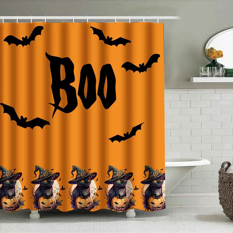 Halloween-Themed Shower Curtain With Boo Lettering And Spooky Cat Designs For Haunted House Decor In Bathroom Accessories