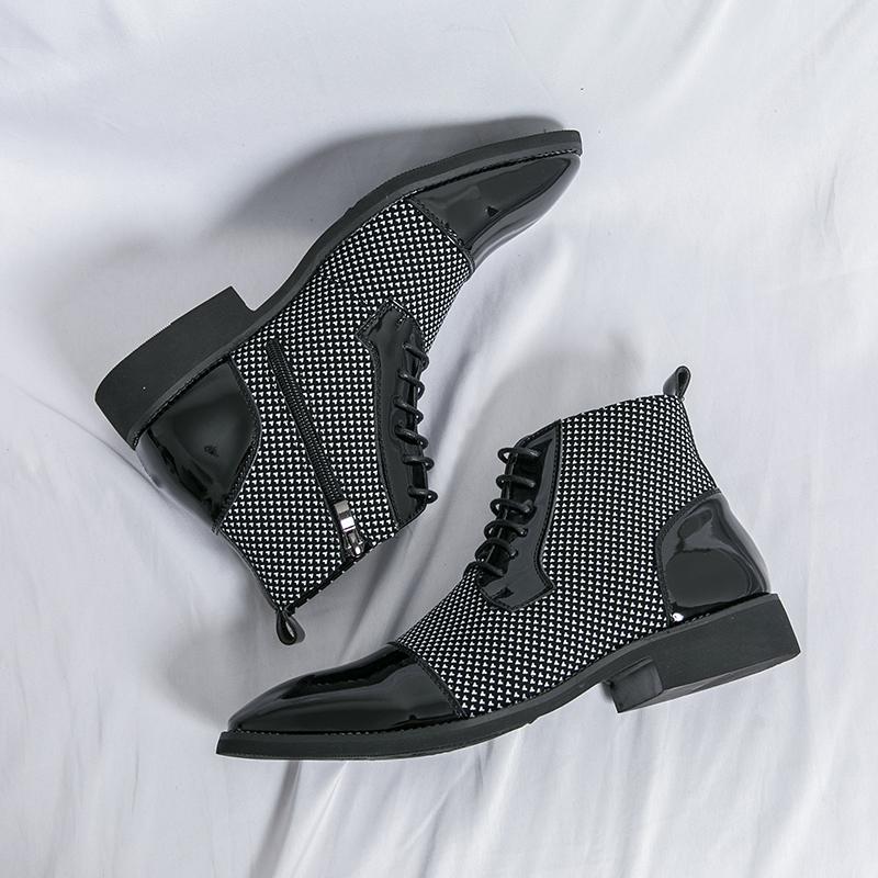 Wniter New Male Pointed Alligator Pattern Metal Chain Ankle Boots Men Casual Luxury High Top Platform Shoes Zapatos Hombre