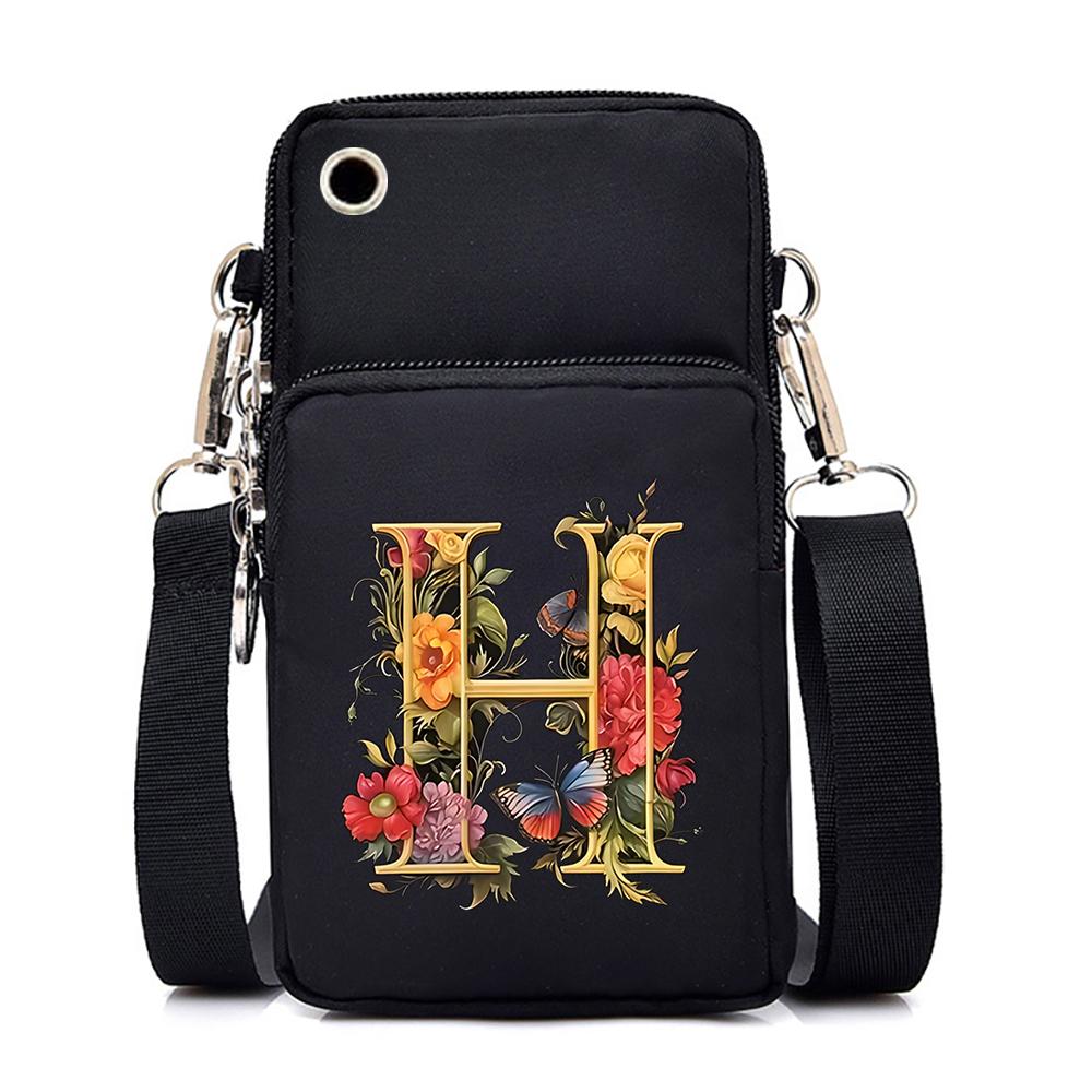 Women Small Crossbody Shoulder Bags Vintage Flower Alphabet Mobile Phone Bag Purse Soft Leather Strap Handbag Mini Messenger Bag