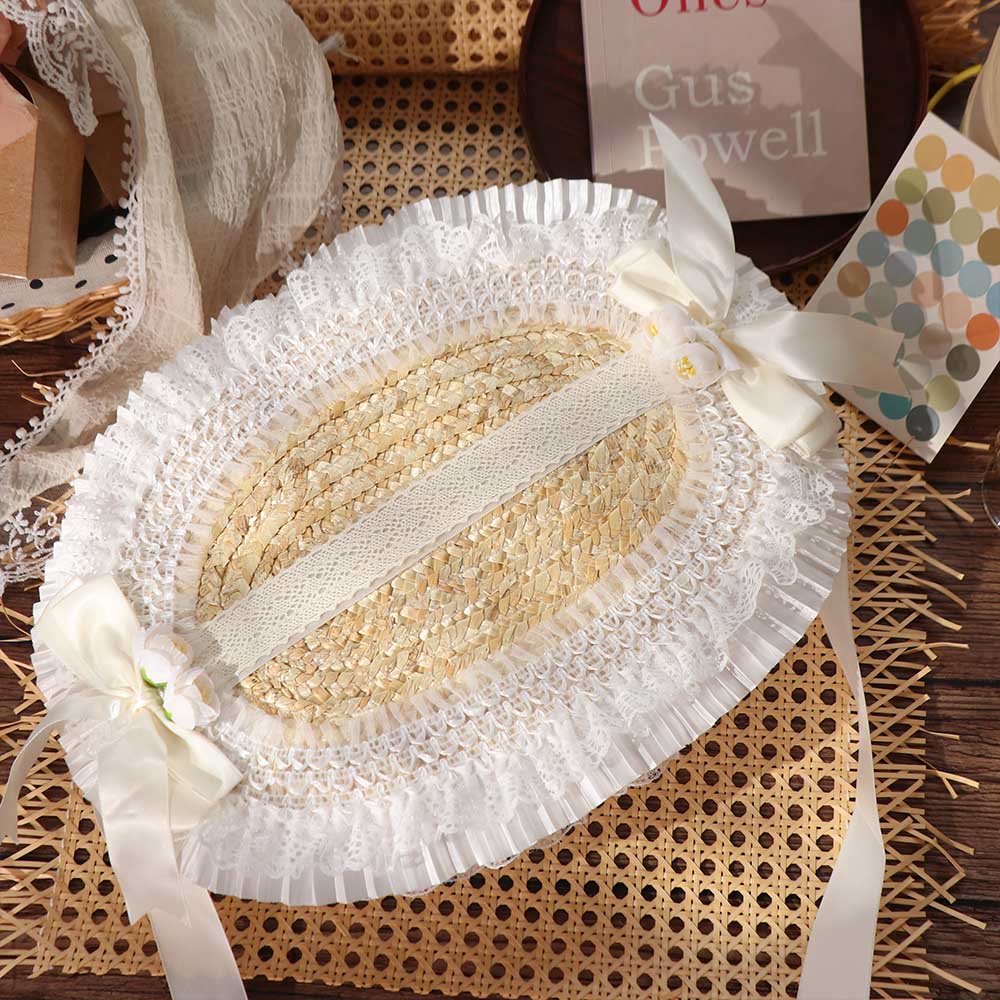 Cute Lace Lolita Bonnet Flat Top French Lolita Straw Hat Sun Protection Pastoral Style Bow Ribbon Flower Cap Beach Vacation