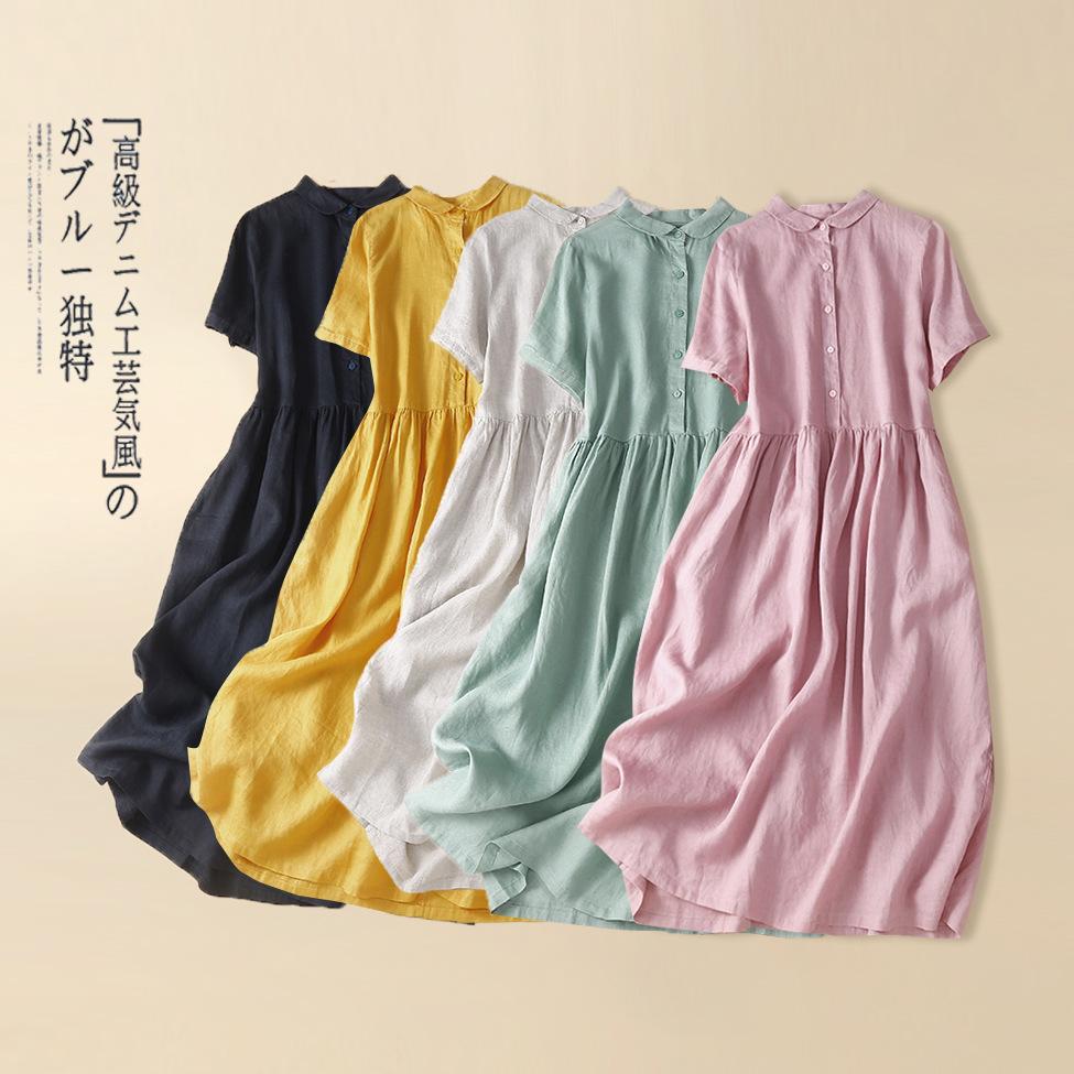 

2025 summer new retro large size solid color dress women, loose Polo collar short-sleeved long dress 2XL