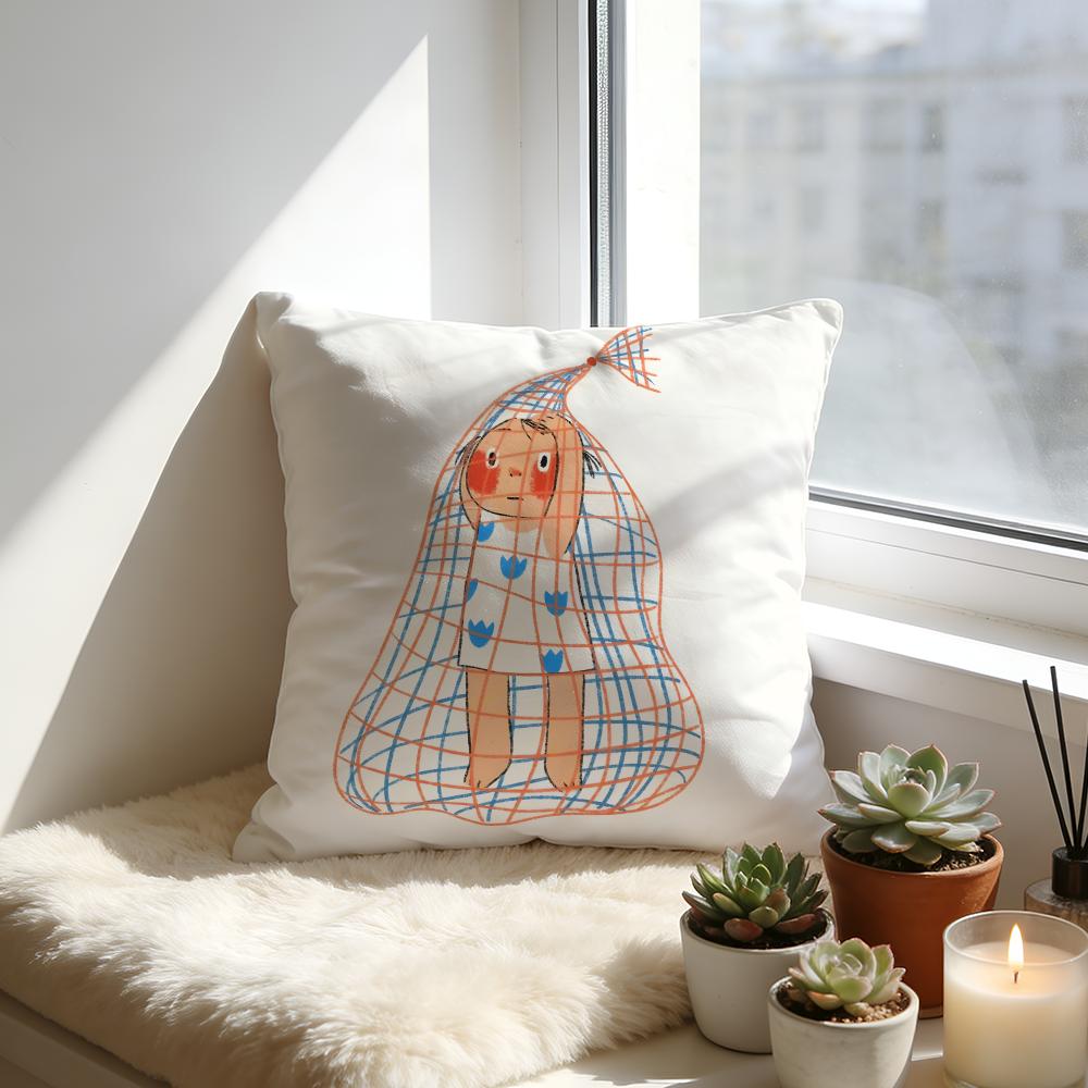 Illustrations Of Everyday Life Cushion Cover Cozy Velvet Throw PillowSoft Warm Cushion For Sofa Bed