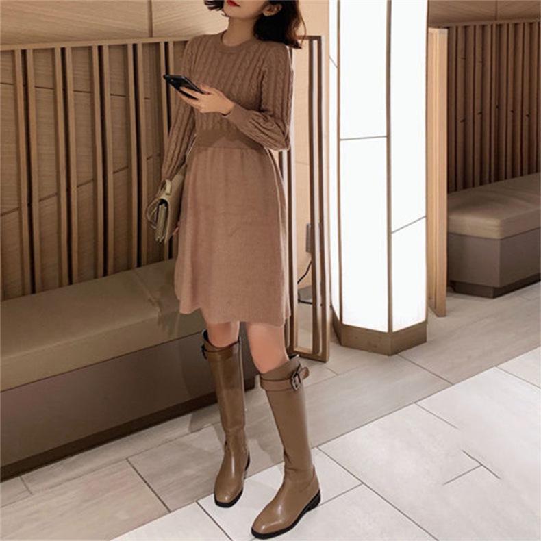 Herbst/Winter 2026 Zopfmuster Patchwork Taillenbetontes Kleid - Eleganter & Schlankmachender High-Waist Stil für Damen