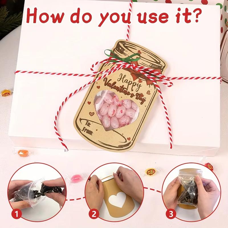 24Pcs Kraft Candy Jar Valentines Day Cards Set Clear Sealed Bags Valentine Exchange Cards for Party Favors(Candy Not Included)