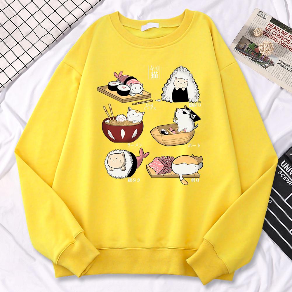 Simple Autumn Women Sweatshirt Sushi Cat'S Day Harajuku Printing Hoodies Crewneck  Pullover Warm Loose Female Streetwear