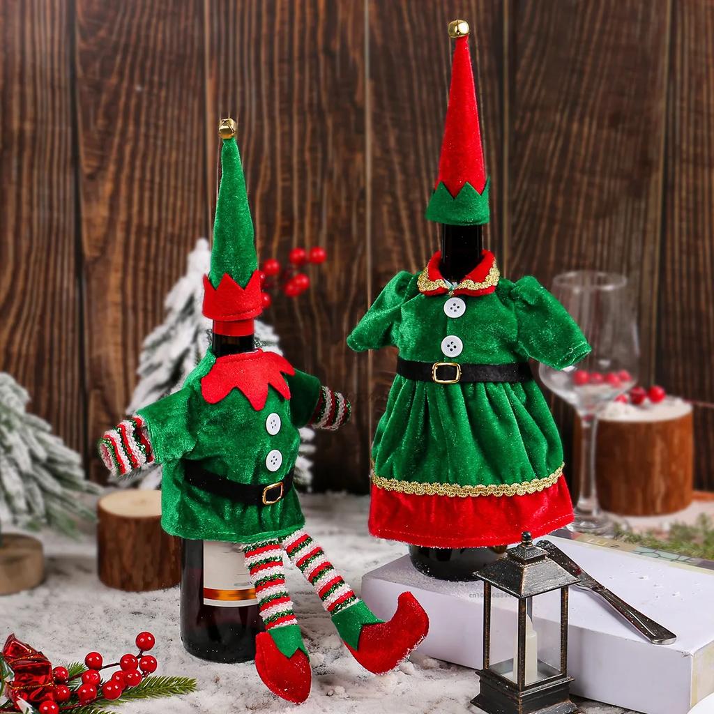Weihnachtselfen Kostüm Weinflasche Set Dekorative Ornamente Weihnachten Niedlich Rotwein Set Tischatmosphäre Dekoration Requisiten