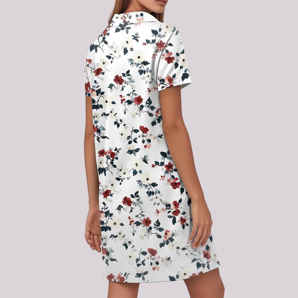 Damen Freizeitmode Revers Blumenmuster Kleid Kurzarm V-Ausschnitt Kurzer Rock