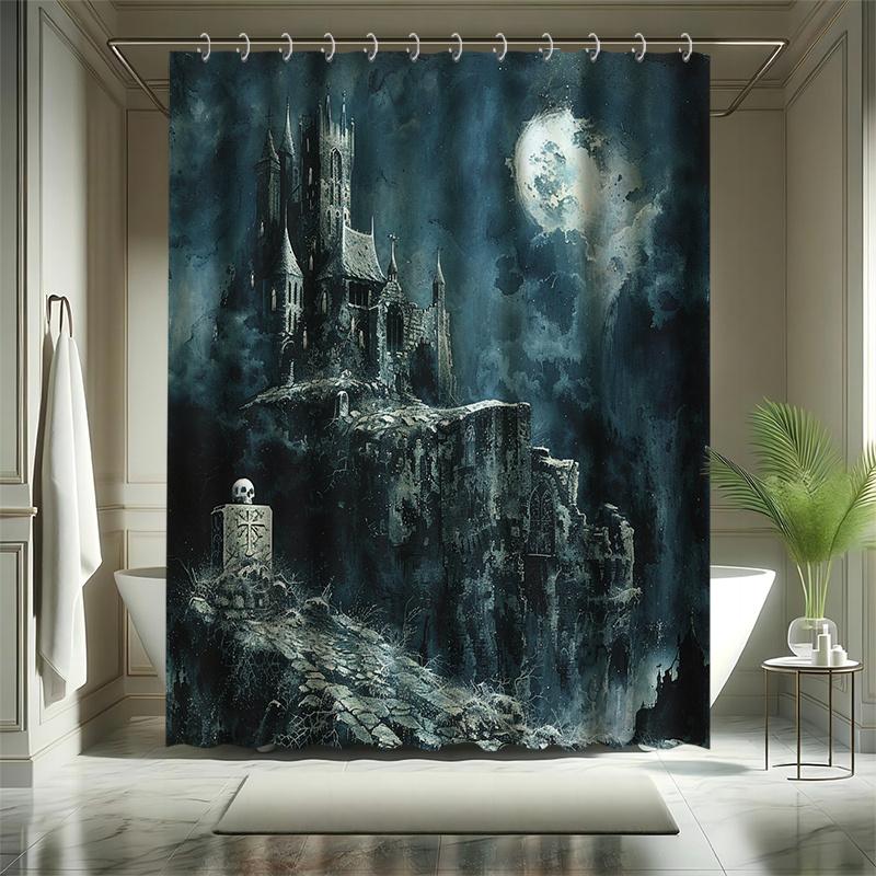 Halloween Castle Bath Curtain Set, Ancient Haunted Castle, Full Moon & Skulls, Polyester, Bathtub Divider, Modern Bath Decor W90XH180cm