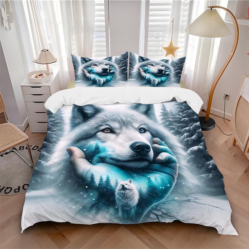 3pcs Wolf amidst Snowy Forests Bedding Set - 1 Soft Quilt Cover + 2 Pillowcases, Machine Washable - Suitable