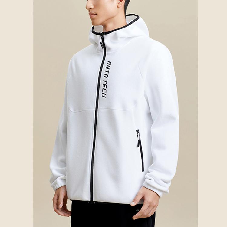 Anta Comprehensive Training Series Letter Color Block Zipper Hooded Fleece Thick Jacket Men Jackets Pure-White 952347702-1