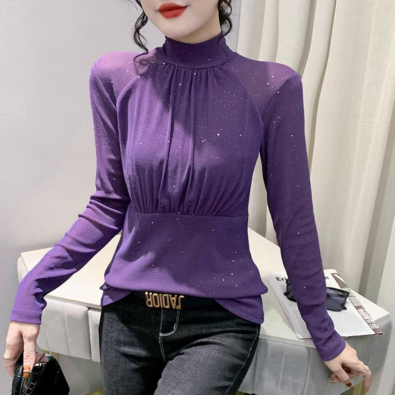 Fleece-in-warm Half-high Neck Base Shirt for Women's New Winter Long-sleeved T-shirt Fashionable Slim Body Shirt