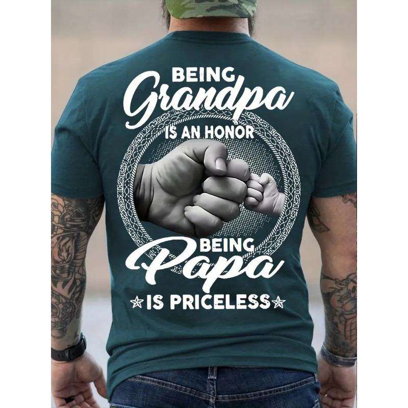 Men's Trendy T-shirt For Summer Outdoor, Casual "Being Grandpa Being Papa" Letter Print Slightly Stretch Crew Neck Tee Short