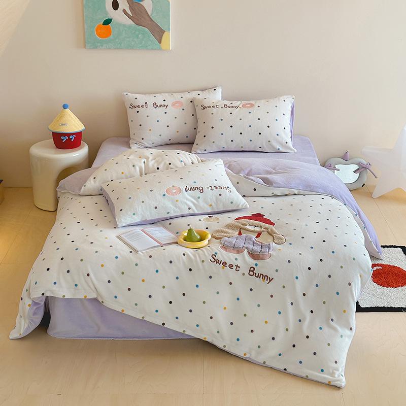 Cartoon Sticker Embroidered Thickened Milk Fleece Four-Piece Set Coral Fleece Thermal Bed Sheet Quilt Cover Student Bedding