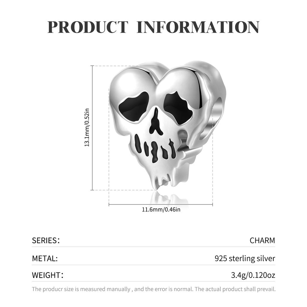 Lemon Juice Skull Authentic 925 Sterling Silver Heart Shape Enamel Skeleton Beads for Women Charms Bracelet Jewelry