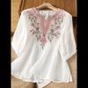 Women's V Neck Three Quarter Sleeve Loose Fit Cotton Linen Blouse Vintage Embroidered Pullover Top