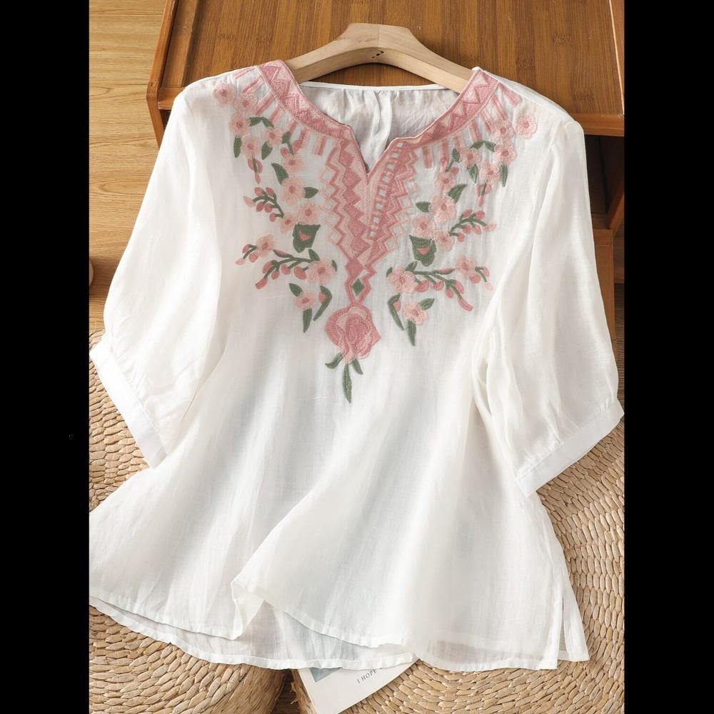 Women's V Neck Three Quarter Sleeve Loose Fit Cotton Linen Blouse Vintage Embroidered Pullover Top
