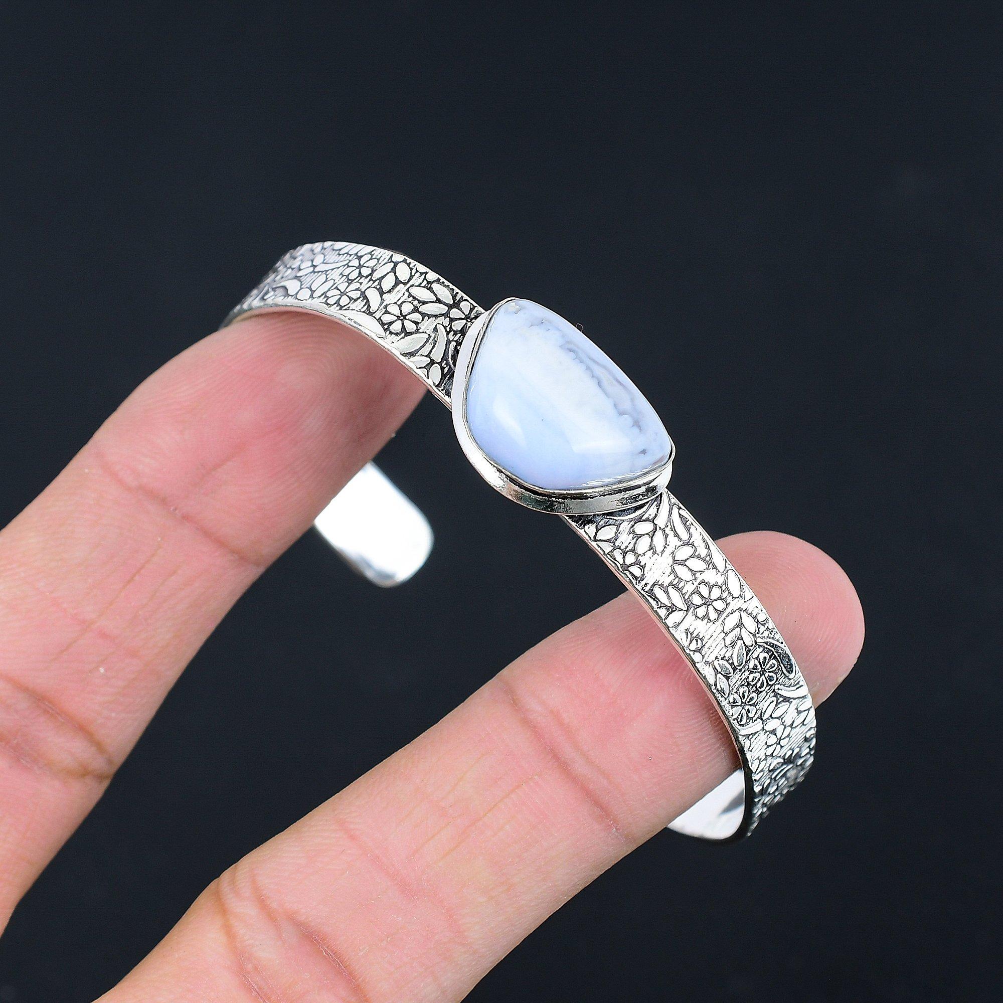 

Daughters Day Deal Blue Lace Agate Gemstone 925 Silver Handmade Bangle Bracelet Adjustable