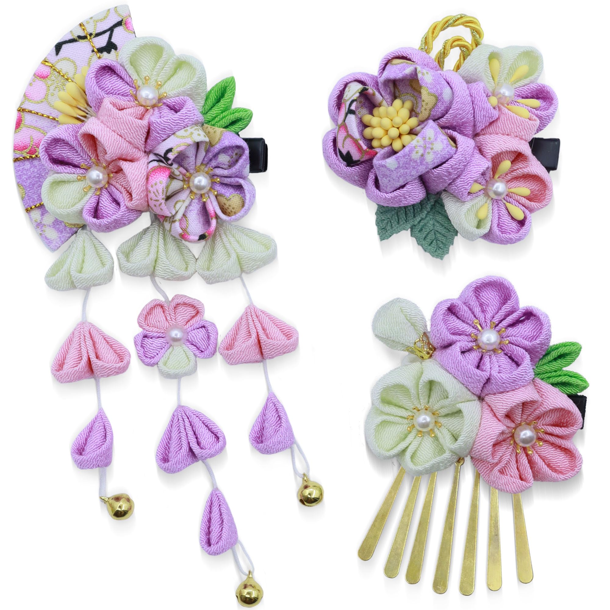 

JZOON Hair Ornament Perfect for and Includes Available in 5 and H4003 Shichi-Go-San 3-Piece Set, Tsumami-zaiku (Handmade) Design, Coming-of-Age