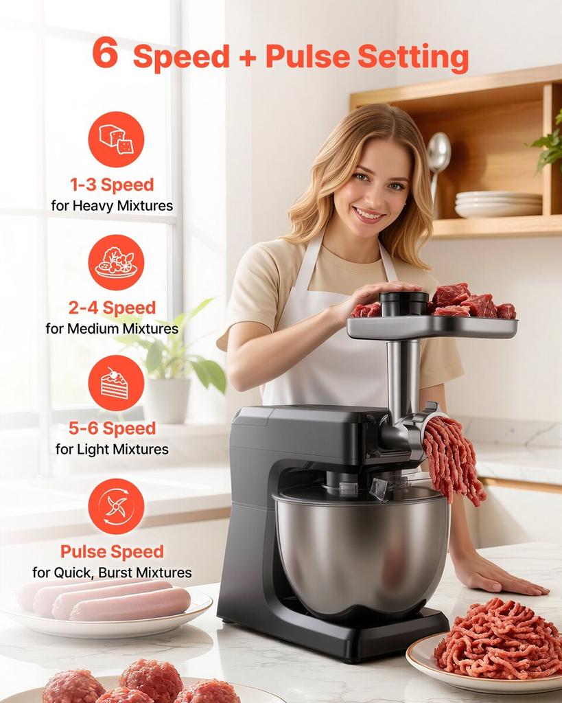 Stand Mixer, 7.8 L Electric Kitchen Mixer, 1500W Dough-Mixer, 6+P Speeds Tilt-head Food-Mixer with 1.5 L Blender Cup, Stainless Steel Bowl, Dough