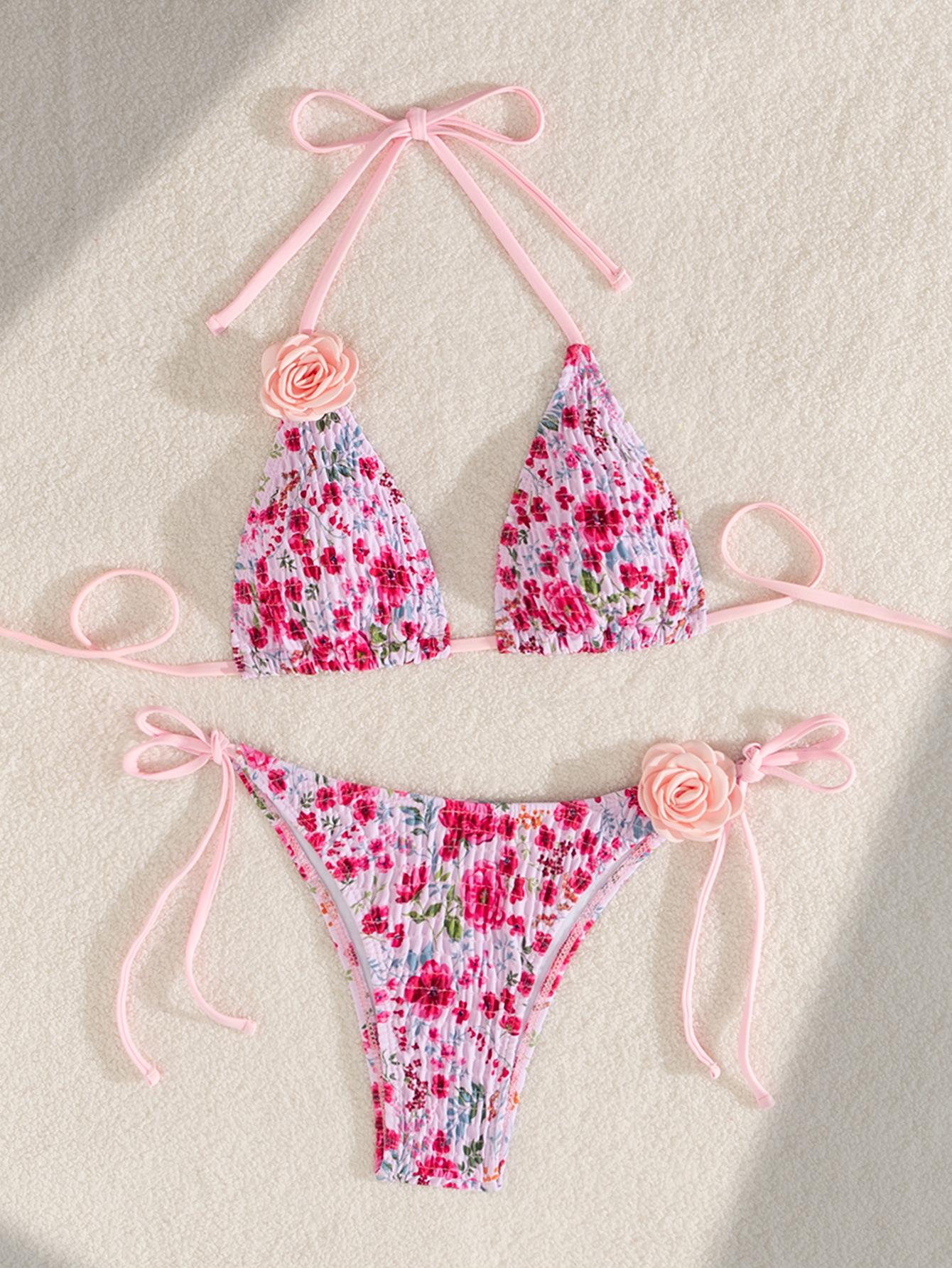 

Трендовое розовое бикини из двух частей 2024 года с 3D цветочным дизайном - женский купальник без спинки и на завязках Small розовый