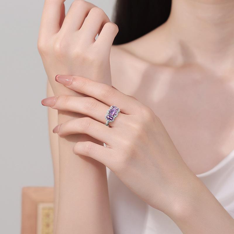Natural Stone Amethyst Ring for Women, European and American Personality Purple Zirconium Fashion Plated 925 Silver Gemstone Ring 2026