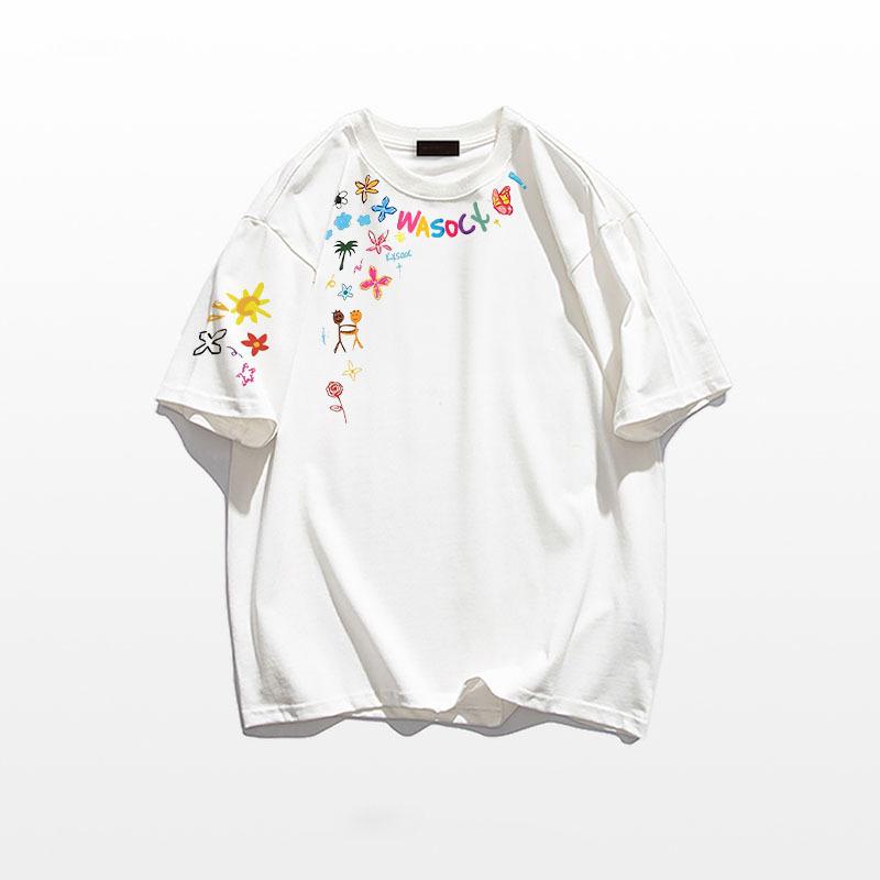 Women's Round Neck Short Sleeve Cotton T-Shirt Loose Fit Floral Print Casual Summer Top